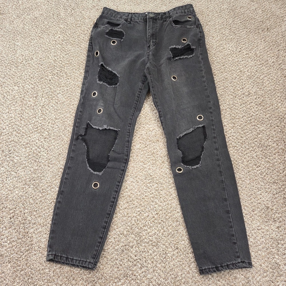 Forever 21 Jeans Womens 27 Black Eyelet Grommet Distressed Ripped High Rise‎